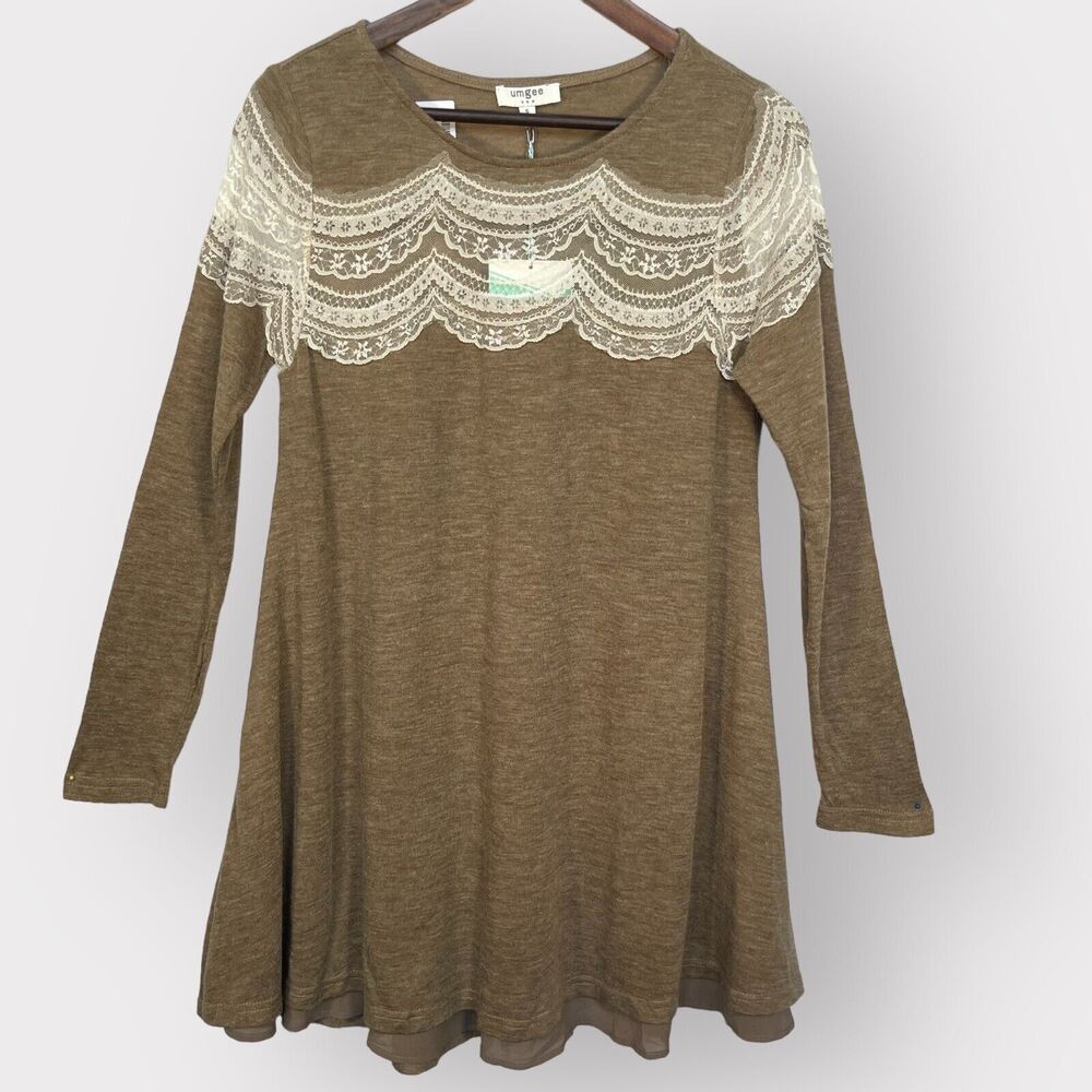 UMGEE Swing Dress Women Size S Mocha Sheer Lace Detail Long Sleeve Lined Stretch